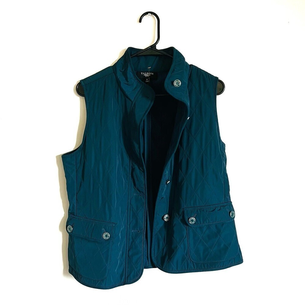 Talbots Diamond Quilted Puffer snap up Vest  wool blend panels Sz Petite M Green